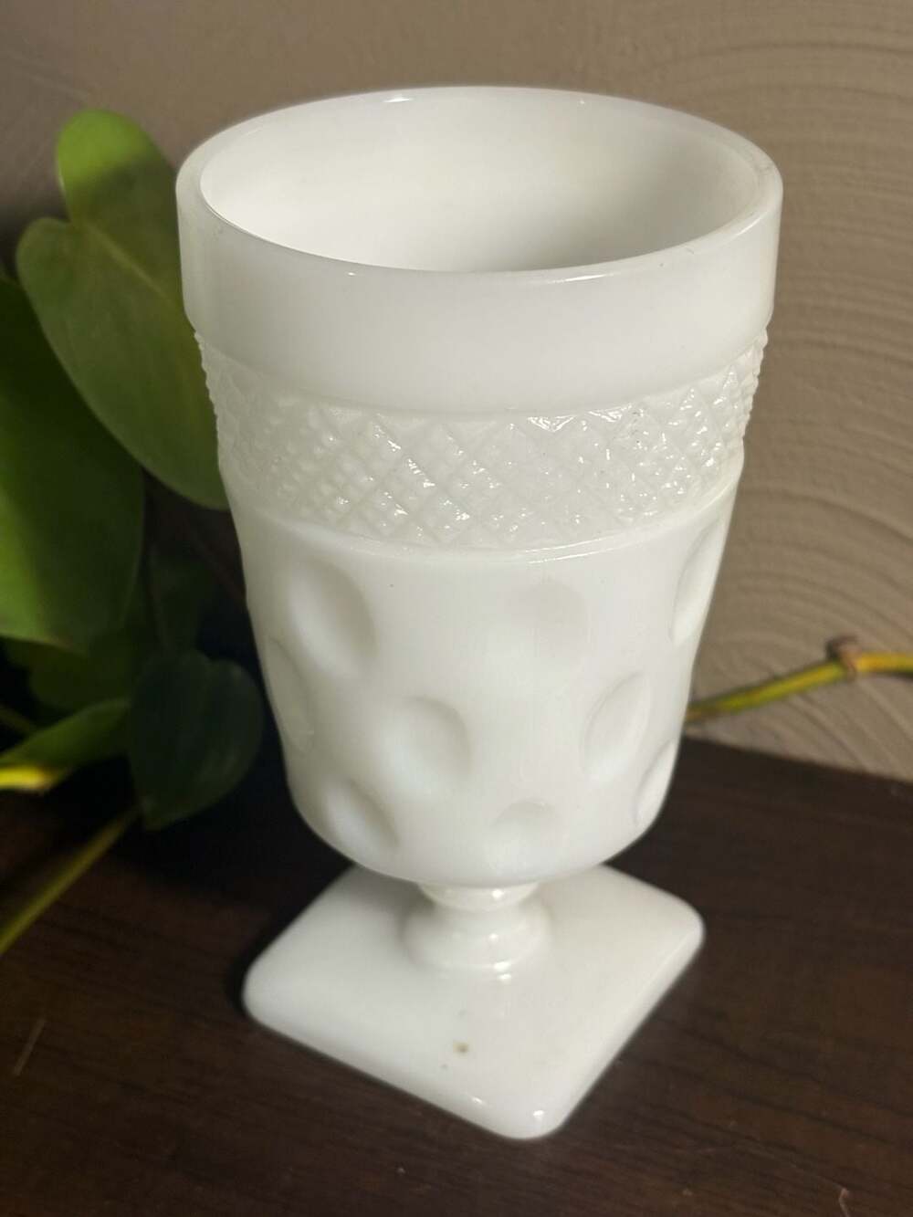 Vintage McKee Opal Milk Glass Thumbprint and Crosshatch Pedestal Goblet